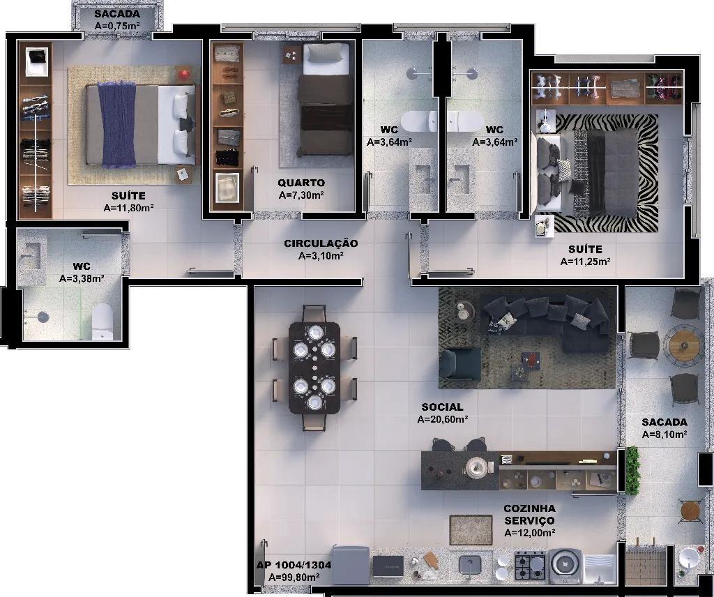 Apartamento em Pedra Branca, Palhoça. 3 quartos, 99m². Imagem 7 de 10